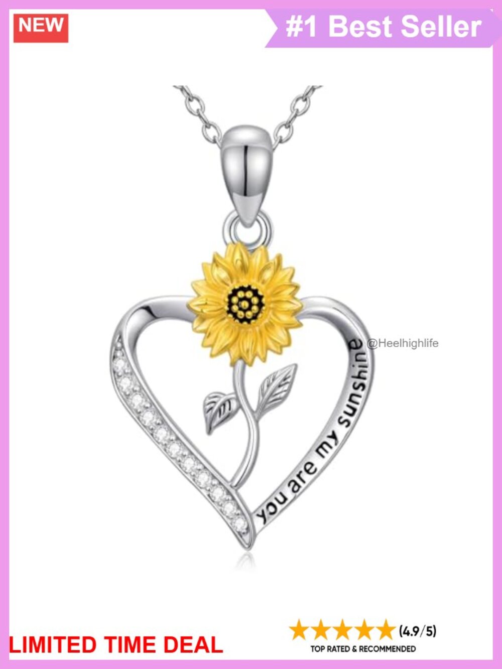 925 Sterling Silver Sunflower Heart Pendant Necklace Lab Grown Diamond 18"